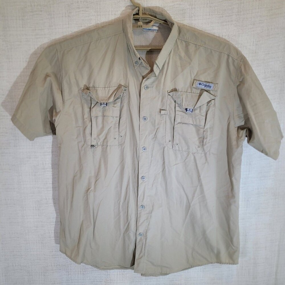 READ Columbia Button Up Shirt Mens XL Tan PFG Omni Shade Vented Fishing